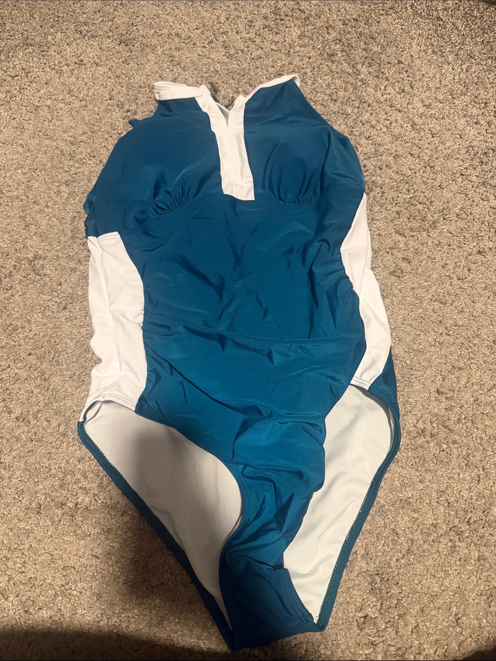 Teal and White Zip-Front Women’s One-Piece Swimsuit. Tummy control. NWT